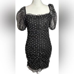 H&M XS Black & White Puff Sleeve Ruched Bodycon Polka Dot Mini Dress